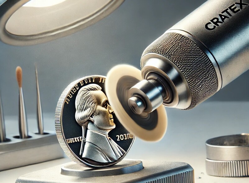 Cratex rotary tool with a small polishing wheel being used to work on an antique nickel coin for hobo nickel art